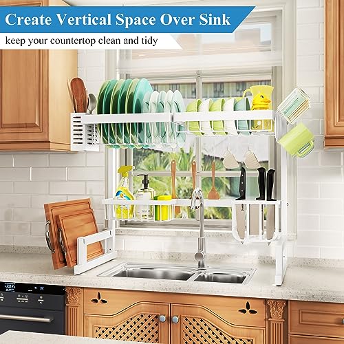 Over The Sink Dish Drying Rack, Adjustable (26.8" to 34.6") Large Dish Drying Rack for Kitchen Counter with Multiple Baskets Utensil Sponge Holder Sink Caddy, 2 Tier White