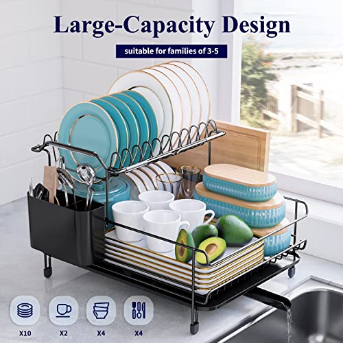 Kitsure Dish Drying Rack - Large-Capacity Dish Rack for Kitchen Counter, Rust-Proof Dish Drainer, 2-Tier Kitchen Dish Drying Rack for Dishes, Knives, Spoons, and Forks