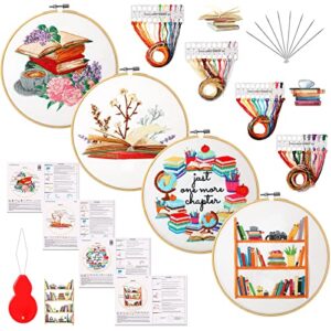 4 set embroidery kit for beginners adults cross stitch embroidery kit for book lovers diy needlepoint kit with book patterns, instructions, embroidery hoops, needles, colored threads, needle threader