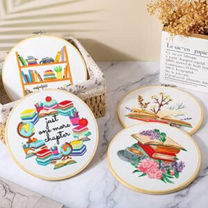 4 Set Embroidery Kit for Beginners Adults Cross Stitch Embroidery Kit for Book Lovers DIY Needlepoint Kit with Book Patterns, Instructions, Embroidery Hoops, Needles, Colored Threads, Needle Threader