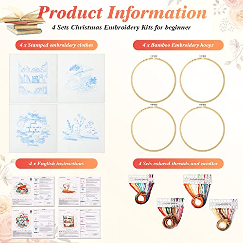 4 Set Embroidery Kit for Beginners Adults Cross Stitch Embroidery Kit for Book Lovers DIY Needlepoint Kit with Book Patterns, Instructions, Embroidery Hoops, Needles, Colored Threads, Needle Threader