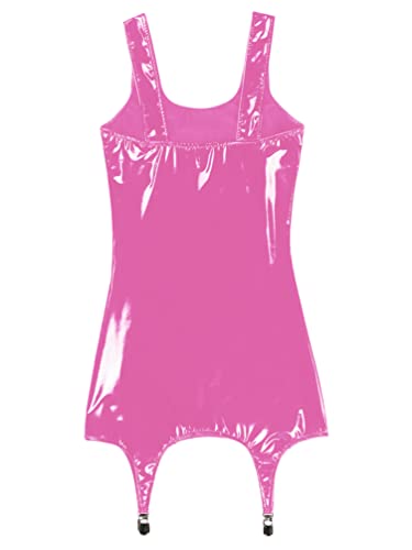 YiZYiF Women's Wetlook Sexy U Neck Sleeveless Bodycon Latex Short Mini Dress with Garter Belt Hot Pink Small