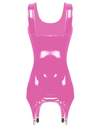 YiZYiF Women's Wetlook Sexy U Neck Sleeveless Bodycon Latex Short Mini Dress with Garter Belt Hot Pink Small