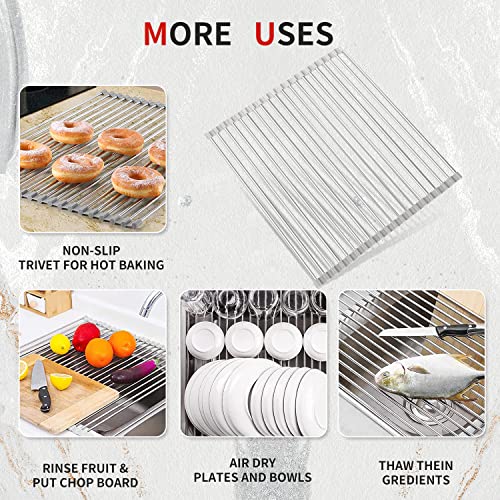 YQMYXG Over The Sink Dish Drying Rack, Roll Up Dish Drying Rack Kitchen Dish Rack Stainless Steel Sink Drying Rack, Foldable Wire Dish Drying Rack for Kitchen Sink Counter (17.7 * 15.7in, Gray)