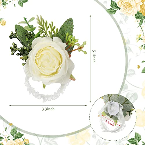 12 Pcs Rose Wrist Corsage Bracelets Wedding Bridal Wrist Flower Hand Flower Decor Wrist Flower Wristband for Bride Bridesmaid Homecoming Prom Party Decor (White Elegant)