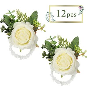 12 Pcs Rose Wrist Corsage Bracelets Wedding Bridal Wrist Flower Hand Flower Decor Wrist Flower Wristband for Bride Bridesmaid Homecoming Prom Party Decor (White Elegant)