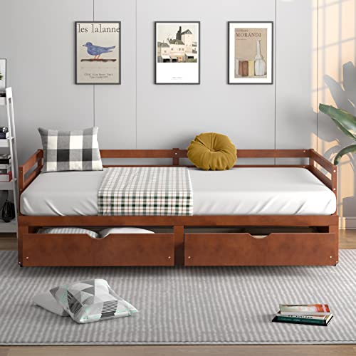 Giantex Extendable Daybed with Trundle and 2 Storage Drawers, Twin to King Daybed with Solid Wood Roll Out Bed Frame, Dual-use Modern Sofa Bed for Teens, Adults, Bedroom, Living Room (Cherry)