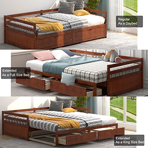 Giantex Extendable Daybed with Trundle and 2 Storage Drawers, Twin to King Daybed with Solid Wood Roll Out Bed Frame, Dual-use Modern Sofa Bed for Teens, Adults, Bedroom, Living Room (Cherry)