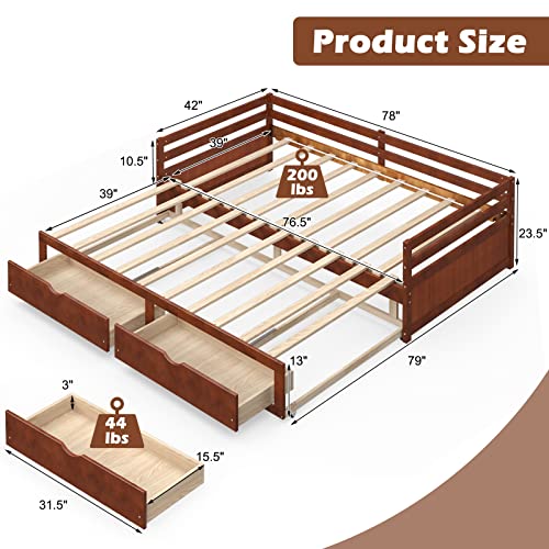 Giantex Extendable Daybed with Trundle and 2 Storage Drawers, Twin to King Daybed with Solid Wood Roll Out Bed Frame, Dual-use Modern Sofa Bed for Teens, Adults, Bedroom, Living Room (Cherry)