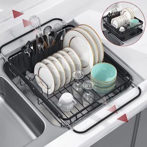 sakugi sink drying rack - dish rack with drainboard for kitchen counter - multifunctional expandable dish drying rack used over sink, in sink & on countertop, made of rustproof stainless steel, black