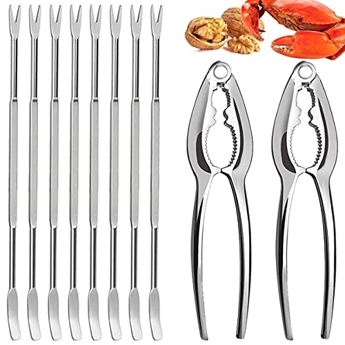 10Pcs Seafood Tools Set Crab Leg Crackers and Tools Set with 2 Crab Leg Crackers and 2 Stainless Steel Crab Forks Nut Cracker Lobster Leg Opener Set for Kitchen Seafood Party Restaurant