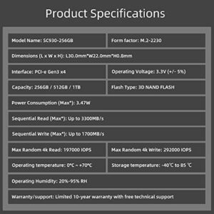 SYONCON SC930 M.2 2230 SSD NVMe PCIe Gen 3.0X4 Internal Solid State Drive Compatible with Steam Deck/Microsoft Surface pro 8/pro 7+/pro X/laptop3/laptop4/laptop go/book3 (256GB)