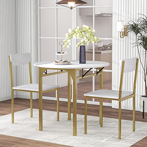 P PURLOVE 3 Piece Round Kitchen Table Set Wood Dining Table Set with Drop Leaf Table and 2 Chairs for Small Places, Apartment(Golden Frame+Faux White Granite Finish)