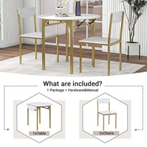 P PURLOVE 3 Piece Round Kitchen Table Set Wood Dining Table Set with Drop Leaf Table and 2 Chairs for Small Places, Apartment(Golden Frame+Faux White Granite Finish)