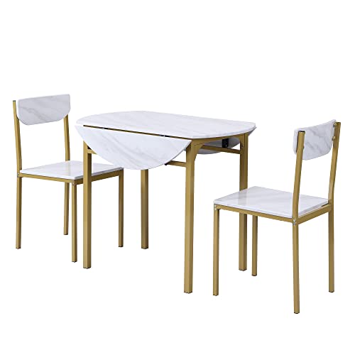 P PURLOVE 3 Piece Round Kitchen Table Set Wood Dining Table Set with Drop Leaf Table and 2 Chairs for Small Places, Apartment(Golden Frame+Faux White Granite Finish)