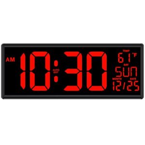 soobest digital wall clock with date temperature, large led display numbers with dimmer 12 inches(red)
