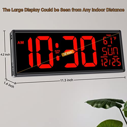 Soobest Digital Wall Clock with Date Temperature, Large LED Display Numbers with Dimmer 12 Inches(Red)