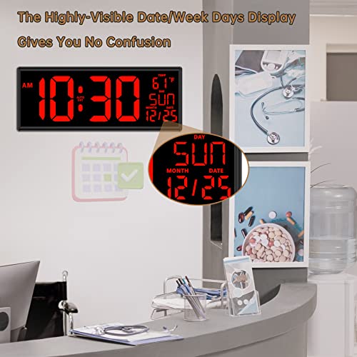 Soobest Digital Wall Clock with Date Temperature, Large LED Display Numbers with Dimmer 12 Inches(Red)