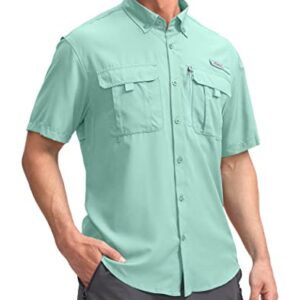 Pudolla Men's Fishing Shirts Short Sleeve Travel Work Shirts Summer Button Down Shirts for Men UPF50+ with Zipper Pockets(Arona, Large)