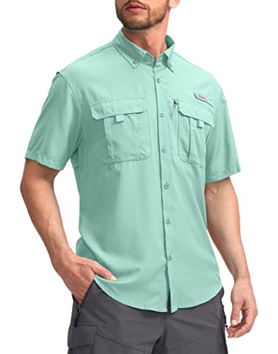 Pudolla Men's Fishing Shirts Short Sleeve Travel Work Shirts Summer Button Down Shirts for Men UPF50+ with Zipper Pockets(Arona, Large)