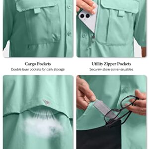 Pudolla Men's Fishing Shirts Short Sleeve Travel Work Shirts Summer Button Down Shirts for Men UPF50+ with Zipper Pockets(Arona, Large)