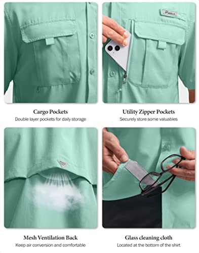 Pudolla Men's Fishing Shirts Short Sleeve Travel Work Shirts Summer Button Down Shirts for Men UPF50+ with Zipper Pockets(Arona, Large)