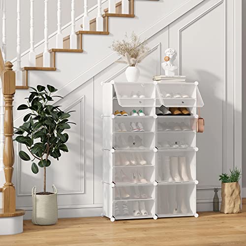 UNZIPE Shoe Rack, 8-Tier Shoe Storage Cabinet 16 Pair Free Standing Shoe Racks Plastic Shoes Shelves DIY Cube Organizer for Closet Hallway Bedroom Entryway Garage, White