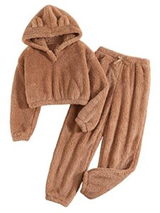 soly hux girl's bear ear fuzzy fluffy drop shoulder hoodie sweatshirt with sweatpants two piece outfit pure brown 10y