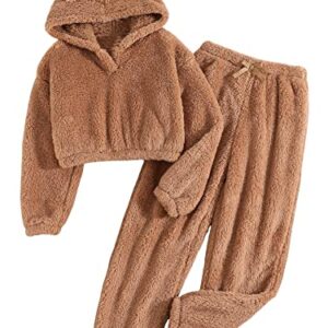 SOLY HUX Girl's Bear Ear Fuzzy Fluffy Drop Shoulder Hoodie Sweatshirt with Sweatpants Two Piece Outfit Pure Brown 10Y