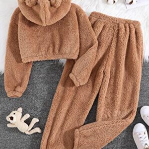 SOLY HUX Girl's Bear Ear Fuzzy Fluffy Drop Shoulder Hoodie Sweatshirt with Sweatpants Two Piece Outfit Pure Brown 10Y