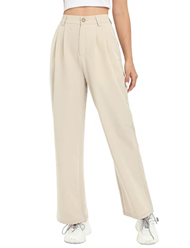 Tapata Womens Wide Leg High Waist Straight Leg Casual Pants Stretch Comfy Pockets Relaxed Fit, Beige, 6