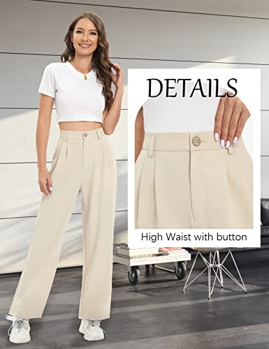 Tapata Womens Wide Leg High Waist Straight Leg Casual Pants Stretch Comfy Pockets Relaxed Fit, Beige, 6