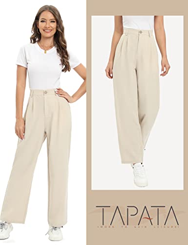 Tapata Womens Wide Leg High Waist Straight Leg Casual Pants Stretch Comfy Pockets Relaxed Fit, Beige, 6