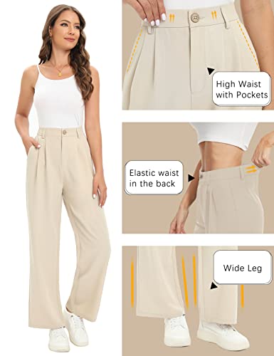 Tapata Womens Wide Leg High Waist Straight Leg Casual Pants Stretch Comfy Pockets Relaxed Fit, Beige, 6