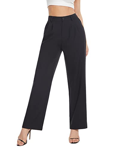 Tapata Womens Wide Leg High Waist Straight Leg Casual Pants Stretch Comfy Pockets Relaxed Fit, Black, 2