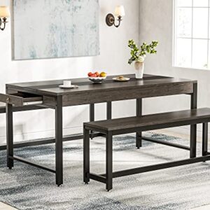 Tribesigns 63 Inch Large Dining Table Set for 4 to 6, Kitchen Breakfast Table with 2 Benches & Sided Drawer, 3-Piece Modern Industrial Bar Table Furniture for Dining Room, Gray Brown & Black