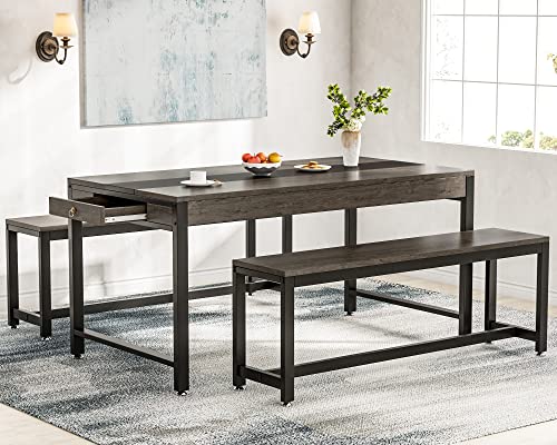 Tribesigns 63 Inch Large Dining Table Set for 4 to 6, Kitchen Breakfast Table with 2 Benches & Sided Drawer, 3-Piece Modern Industrial Bar Table Furniture for Dining Room, Gray Brown & Black