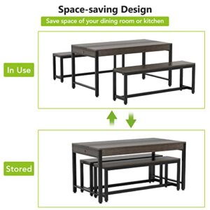 Tribesigns 63 Inch Large Dining Table Set for 4 to 6, Kitchen Breakfast Table with 2 Benches & Sided Drawer, 3-Piece Modern Industrial Bar Table Furniture for Dining Room, Gray Brown & Black