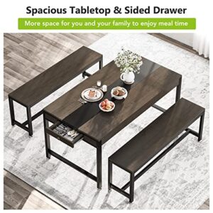 Tribesigns 63 Inch Large Dining Table Set for 4 to 6, Kitchen Breakfast Table with 2 Benches & Sided Drawer, 3-Piece Modern Industrial Bar Table Furniture for Dining Room, Gray Brown & Black