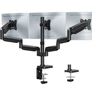 mount pro triple monitor mount, 3 monitor desk mount for there screens up to 32 inch, full motion gas spring triple monitor stand, heavy duty monitor arm hold up to 30.9lbs each, vesa mount, black
