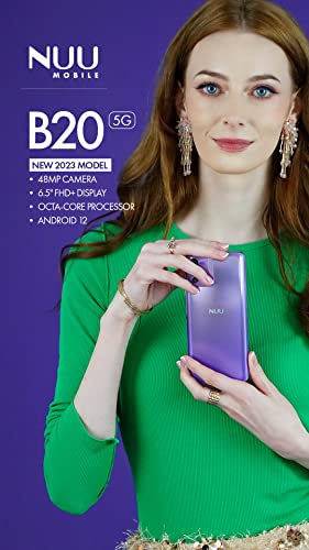 NUU B20 5G | 2023| Unlocked | US Warranty| 6.5” FHD+ Display | 90Hz Refresh Rate | 48MP Triple Camera | 128GB + 8GB RAM | 5000mAh Battery | 18W Fast Charge | Android 12 | Daydream Purple