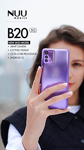 NUU B20 5G | 2023| Unlocked | US Warranty| 6.5” FHD+ Display | 90Hz Refresh Rate | 48MP Triple Camera | 128GB + 8GB RAM | 5000mAh Battery | 18W Fast Charge | Android 12 | Daydream Purple