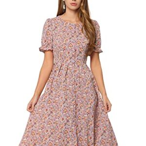 Allegra K Women's 2023 Floral Midi Dress Round Neck Ruffle Sleeve Button Down Shirtdress Large Purple