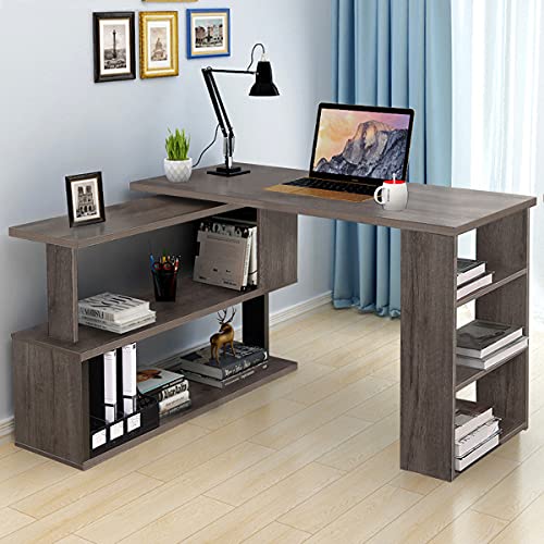 VANSPACE 360° Rotating Computer Desk with Storage Shelves 67 inch Multi-Functional L-Shaped Corner Desk for Home Office Bedroom Study Writing Table Modern Simple Style for Small Space