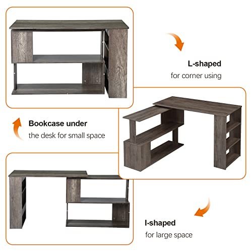 VANSPACE 360° Rotating Computer Desk with Storage Shelves 67 inch Multi-Functional L-Shaped Corner Desk for Home Office Bedroom Study Writing Table Modern Simple Style for Small Space