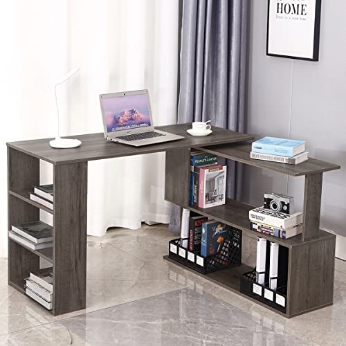 VANSPACE 360° Rotating Computer Desk with Storage Shelves 67 inch Multi-Functional L-Shaped Corner Desk for Home Office Bedroom Study Writing Table Modern Simple Style for Small Space