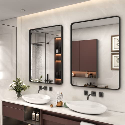 VANLIO Black Framed Bathroom Mirror, 28x36 Rectangle Matte Black Bathroom Mirror for Wall with Round Corner, Tempered Glass, Non-Rusting, Modern Farmhouse Metal Frame Mirror(Horizontal/Vertical)