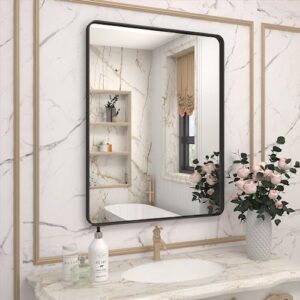vanlio black framed bathroom mirror, 28x36 rectangle matte black bathroom mirror for wall with round corner, tempered glass, non-rusting, modern farmhouse metal frame mirror(horizontal/vertical)