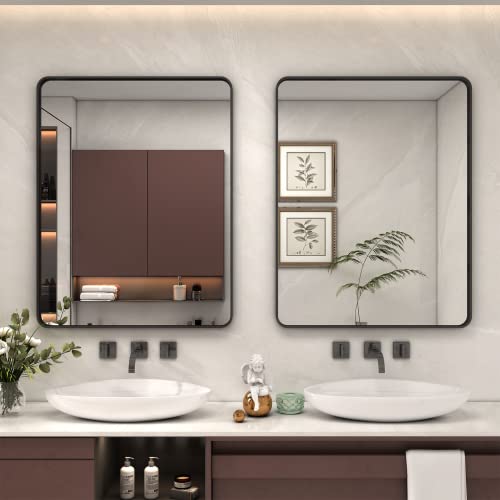 VANLIO Black Framed Bathroom Mirror, 28x36 Rectangle Matte Black Bathroom Mirror for Wall with Round Corner, Tempered Glass, Non-Rusting, Modern Farmhouse Metal Frame Mirror(Horizontal/Vertical)