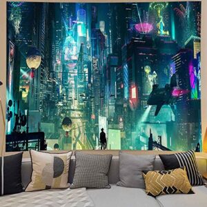 X-SISTER Fantasy Cityscape Tapestry Futuristic City Neon Punk Wall Hanging Teenage Boy Bedroom Tapestries 80×60 Inch for Livingroom Dorm Dormitory Apartment Tapestry TA21734